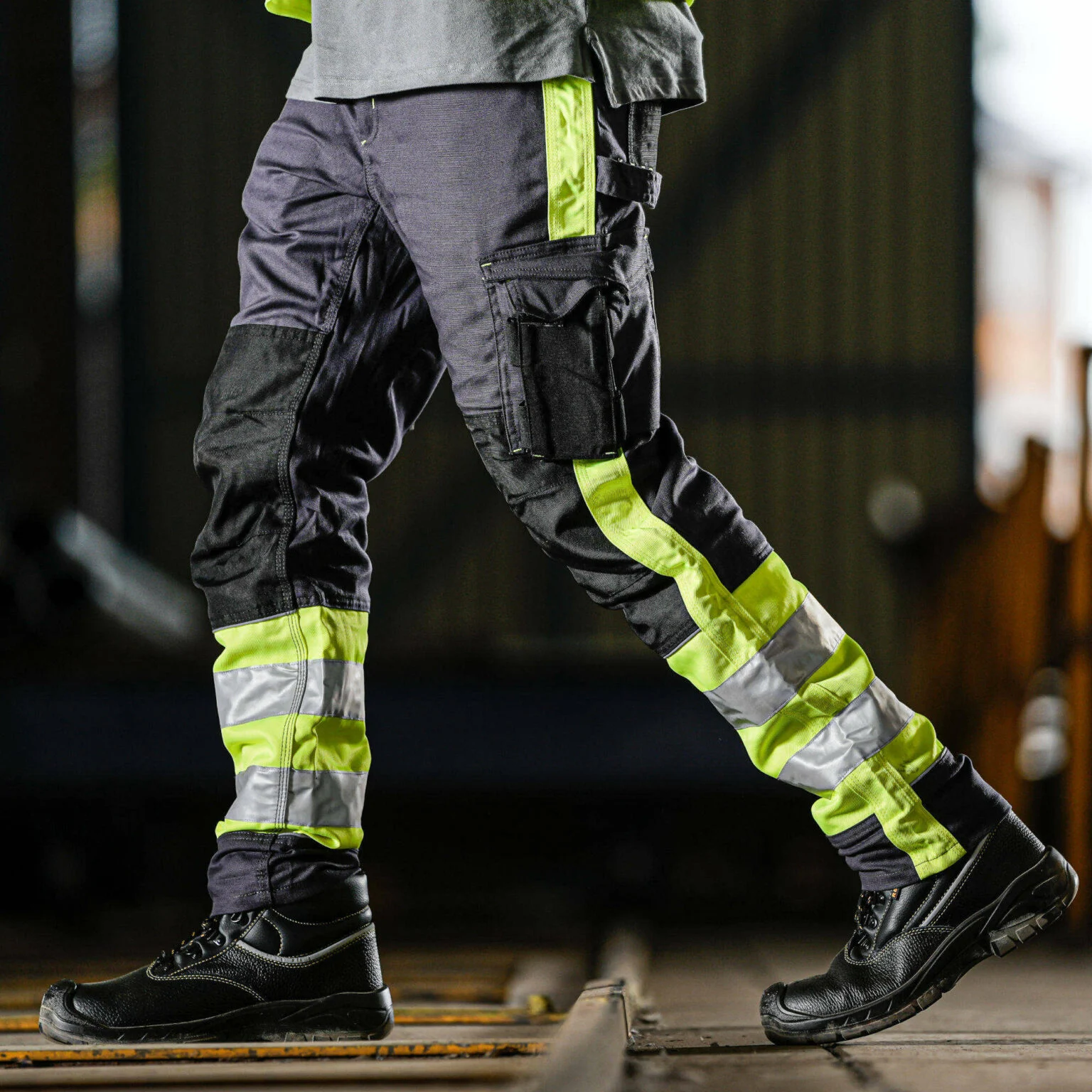 REBEL Men’s Tech Gear Trousers NightGlo Lime and Gun Metal - Image 2